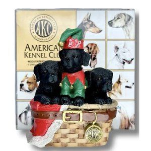 Black Lab American Kennel Club 3 Puppies in a Basket Holiday Figurines w/Box AKC